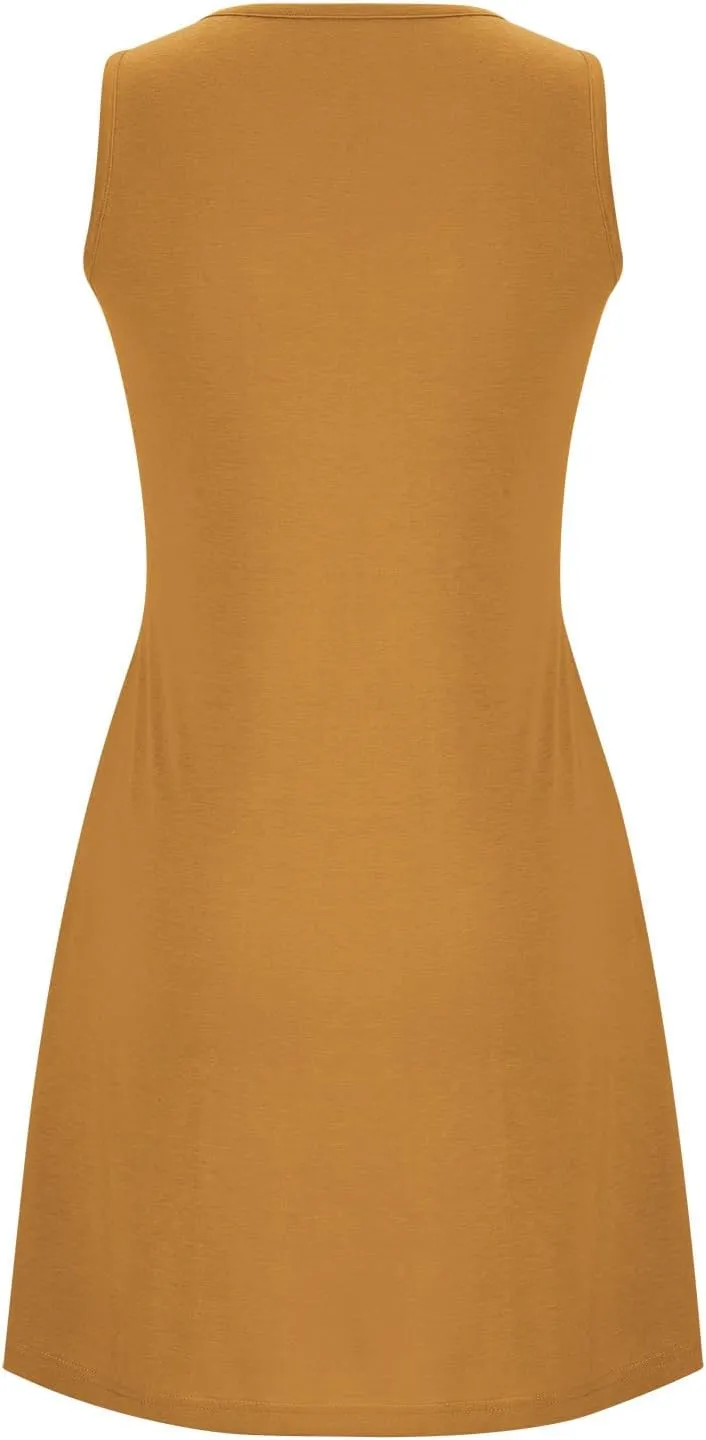 Flowy Dresses for Women Sleeveless Ruched Front T-Shirts Dress Halter Solid Casual Short Tank Sundress with Pockets