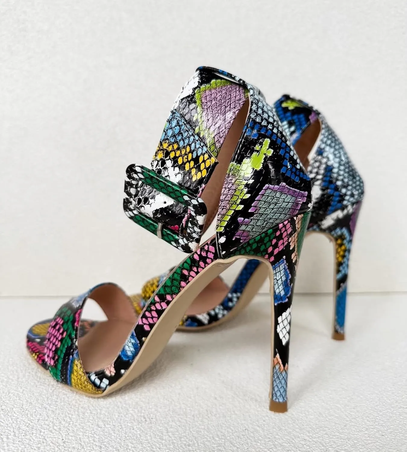 Frankie Hsu Ladies Sexy Unisex Stiletto High Heeled Sandals, Colorful Snake Python Print Fashion Stylish, Big Large Size US4-19 Dressy Stiletto Ankle Strap Shoes For Women Men
