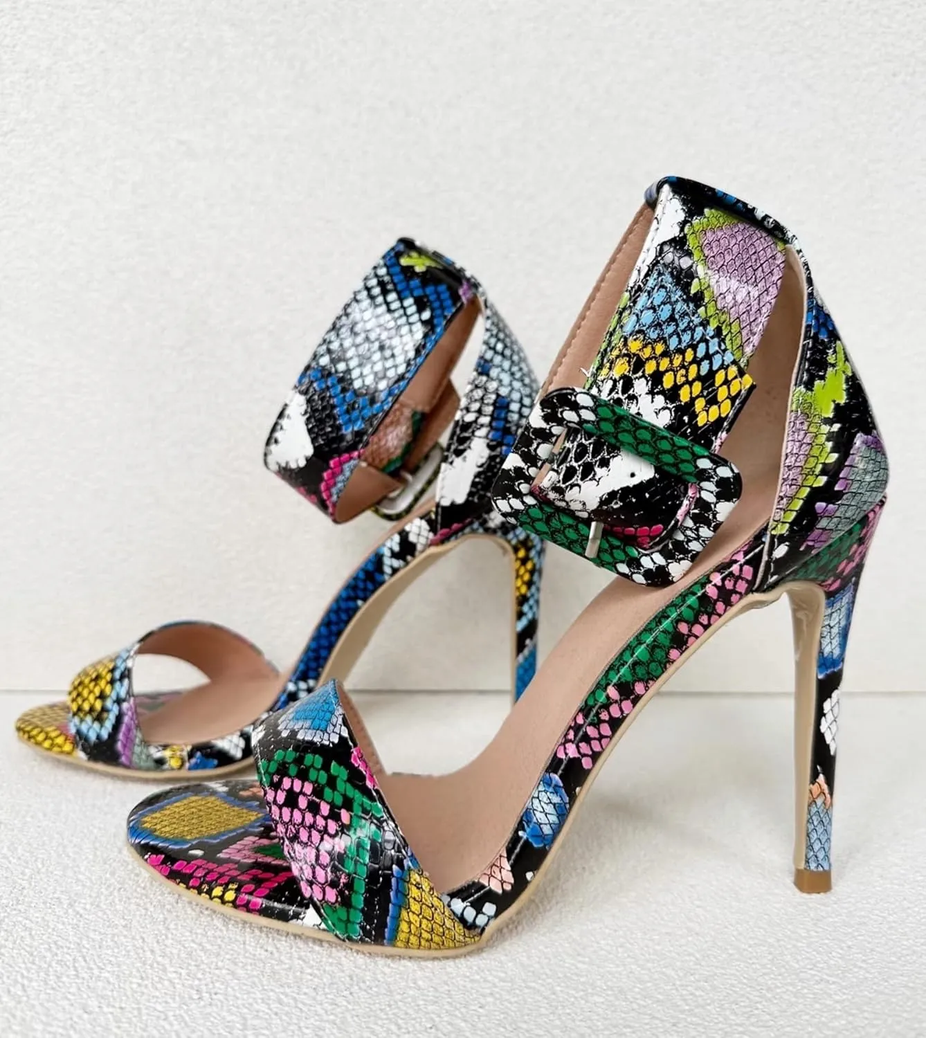 Frankie Hsu Ladies Sexy Unisex Stiletto High Heeled Sandals, Colorful Snake Python Print Fashion Stylish, Big Large Size US4-19 Dressy Stiletto Ankle Strap Shoes For Women Men