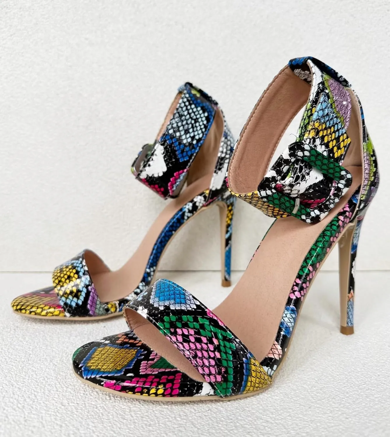 Frankie Hsu Ladies Sexy Unisex Stiletto High Heeled Sandals, Colorful Snake Python Print Fashion Stylish, Big Large Size US4-19 Dressy Stiletto Ankle Strap Shoes For Women Men