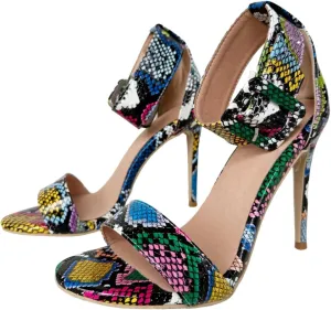 Frankie Hsu Ladies Sexy Unisex Stiletto High Heeled Sandals, Colorful Snake Python Print Fashion Stylish, Big Large Size US4-19 Dressy Stiletto Ankle Strap Shoes For Women Men