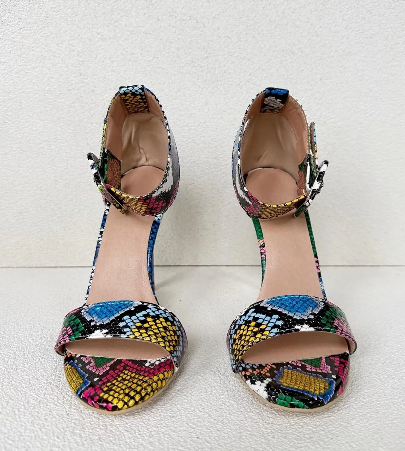 Frankie Hsu Ladies Sexy Unisex Stiletto High Heeled Sandals, Colorful Snake Python Print Fashion Stylish, Big Large Size US4-19 Dressy Stiletto Ankle Strap Shoes For Women Men