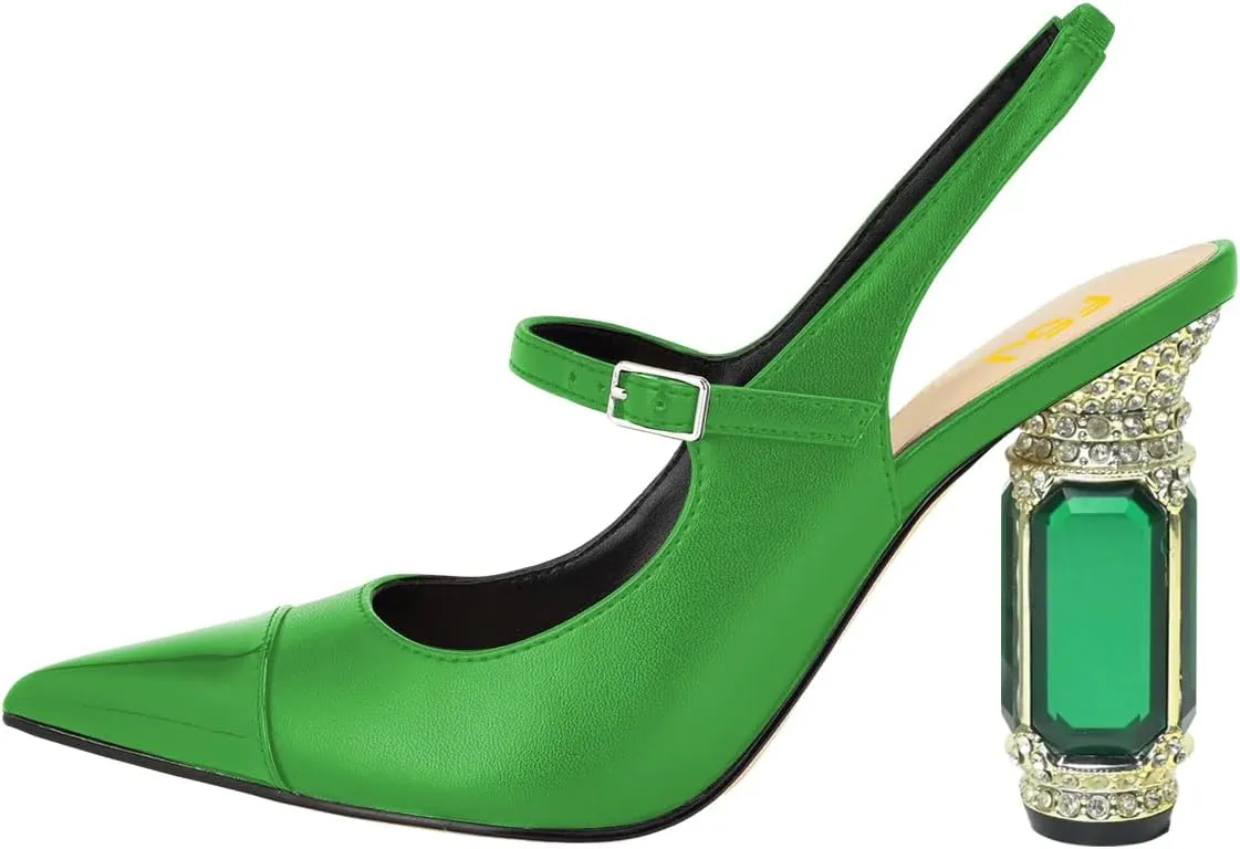 FSJ Women Slingback Crystal High Heel Pointed Closed Toe Ankle Strap Pumps Fashion Backless Dress Sandals Prom Party Shoes Size 4-16 US