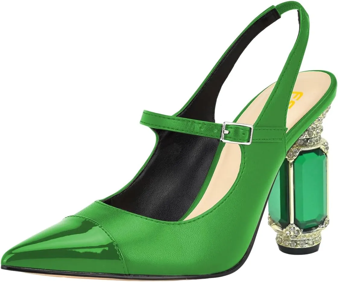 FSJ Women Slingback Crystal High Heel Pointed Closed Toe Ankle Strap Pumps Fashion Backless Dress Sandals Prom Party Shoes Size 4-16 US