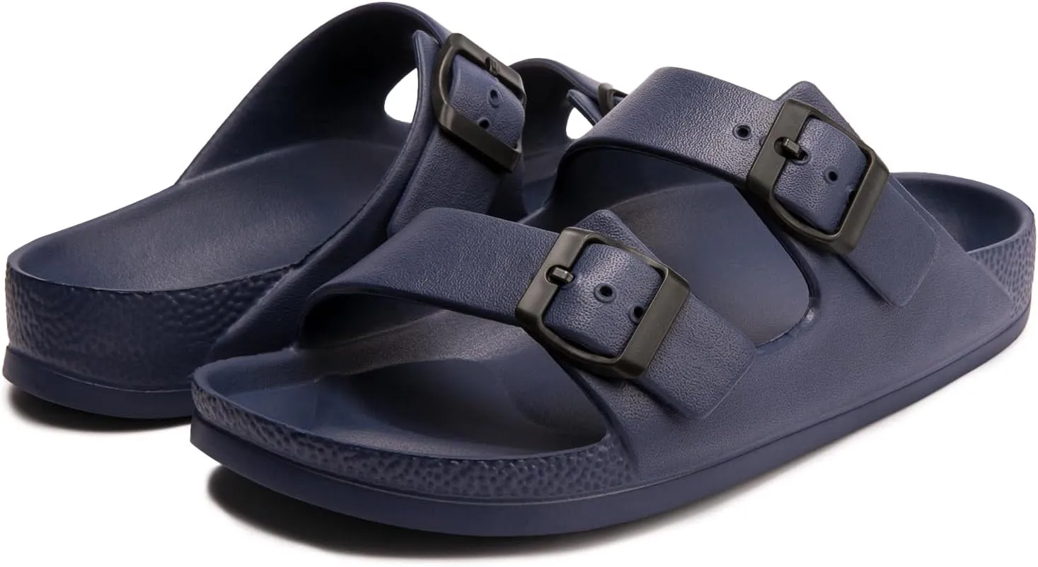 FUNKYMONKEY Women's Comfort Slides Double Buckle Adjustable Plastics Flat Sandals