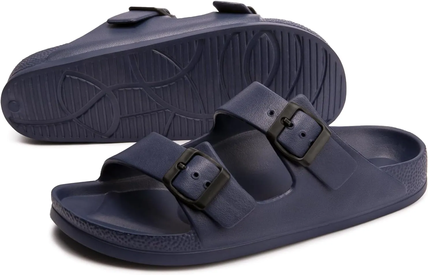 FUNKYMONKEY Women's Comfort Slides Double Buckle Adjustable Plastics Flat Sandals