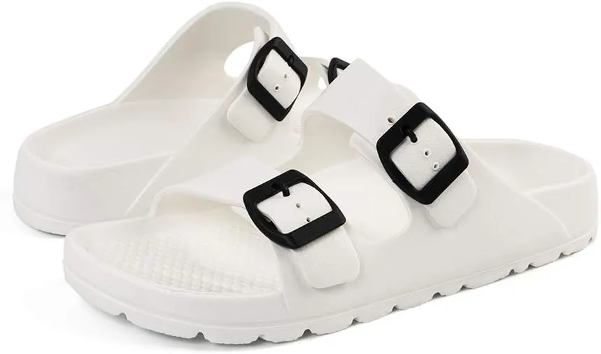 FUNKYMONKEY Women's Comfort Slides Double Buckle Adjustable Plastics Flat Sandals