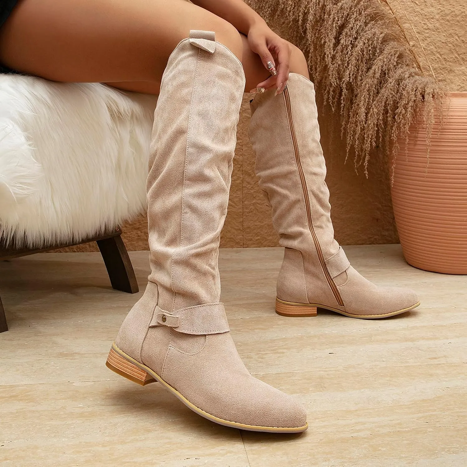 getmorebeauty Women's Winter Boots Knee High Boots Flat Suede Side Zipper Thigh High Boots