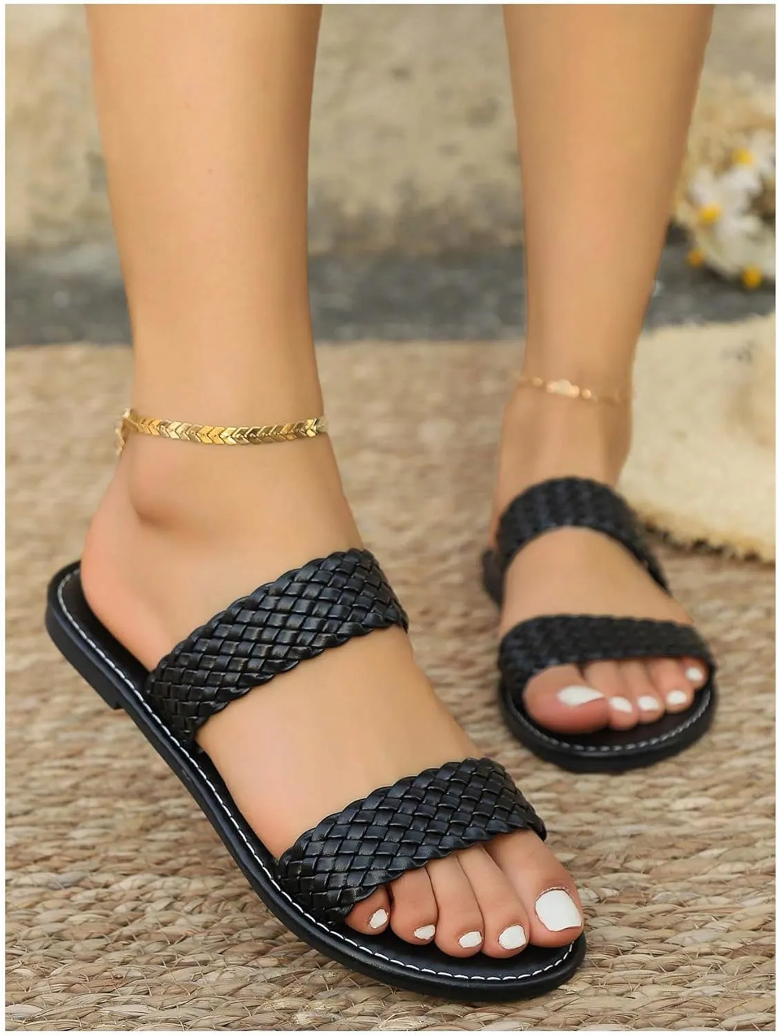 GORGLITTER Women's Leather Braided Sandal Dressy Cute Slippers Open Toe Slip on Slide Summer Vacation Sandals 2025
