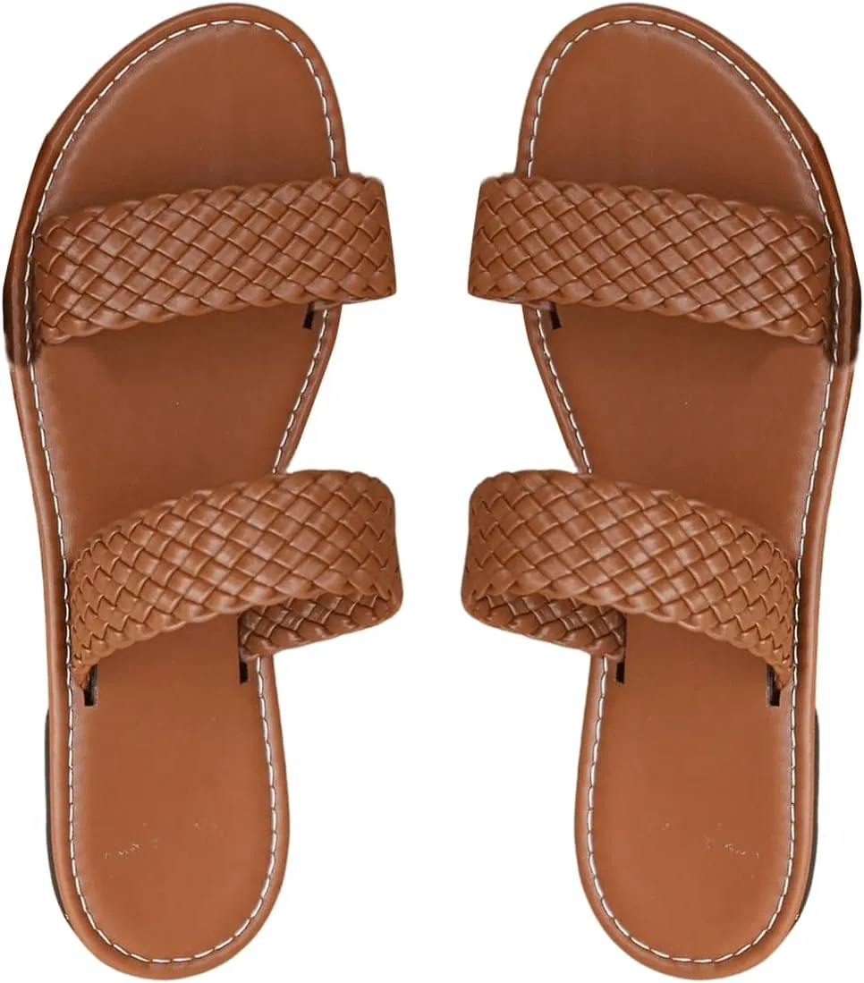 GORGLITTER Women's Leather Braided Sandal Dressy Cute Slippers Open Toe Slip on Slide Summer Vacation Sandals 2025