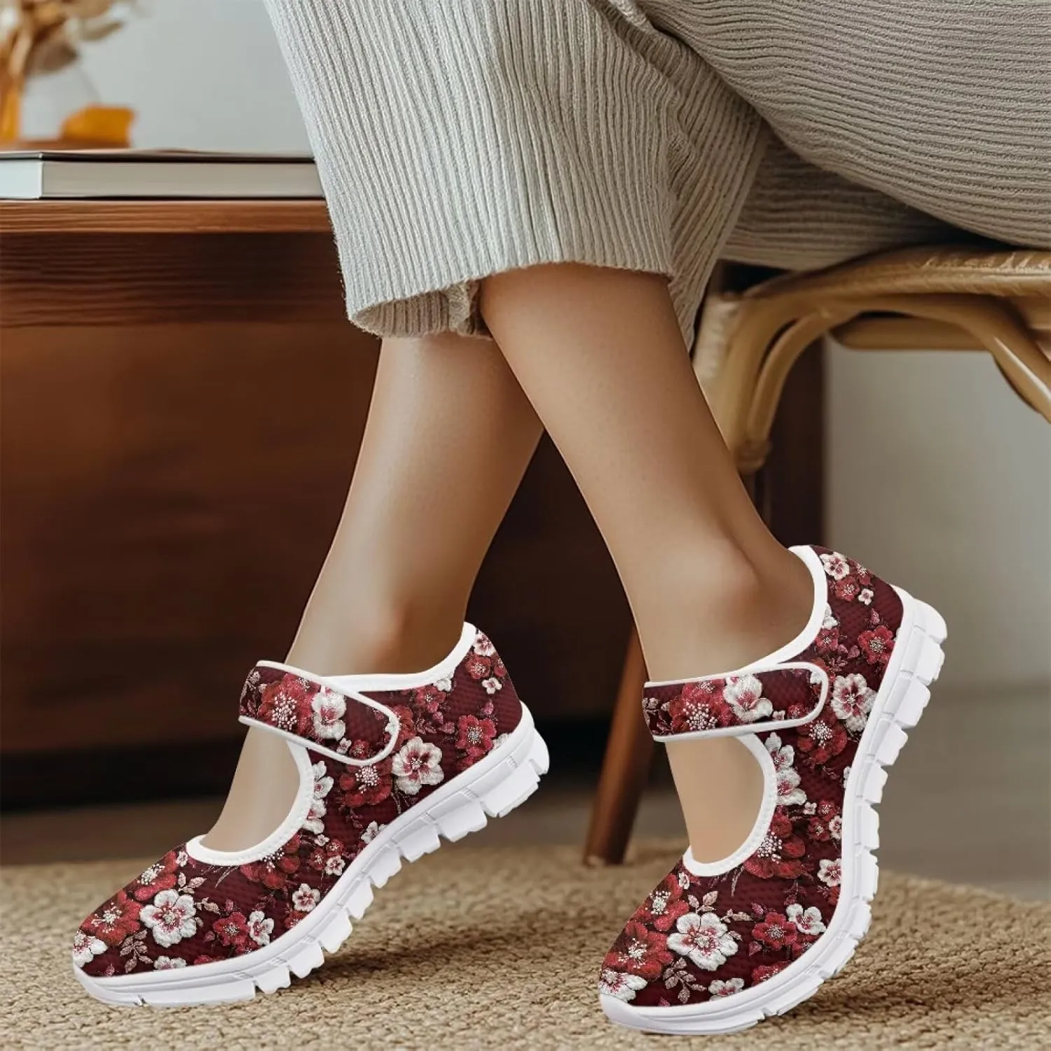 GOSTONG Women's Art Flowers Casual Shoes Single Buckle Sneakers Lightweight Non Slip Walking Shoes for Daily Wear White Size 5.5-10