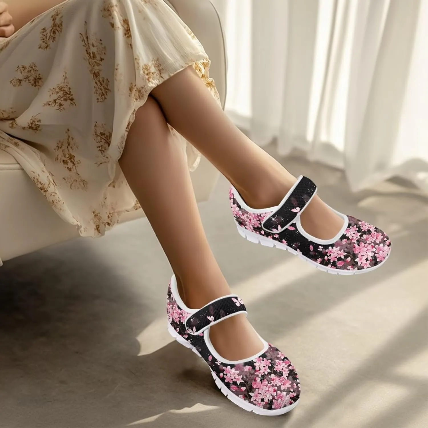 GOSTONG Women's Art Flowers Casual Shoes Single Buckle Sneakers Lightweight Non Slip Walking Shoes for Daily Wear White Size 5.5-10