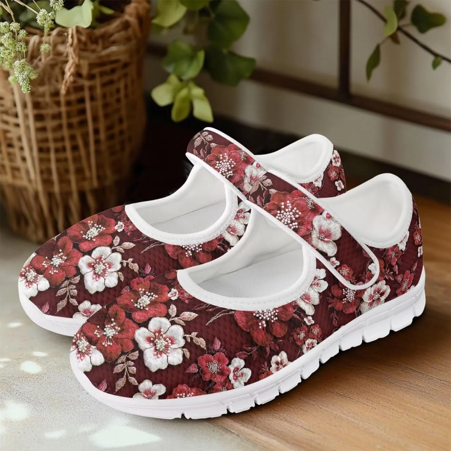 GOSTONG Women's Art Flowers Casual Shoes Single Buckle Sneakers Lightweight Non Slip Walking Shoes for Daily Wear White Size 5.5-10