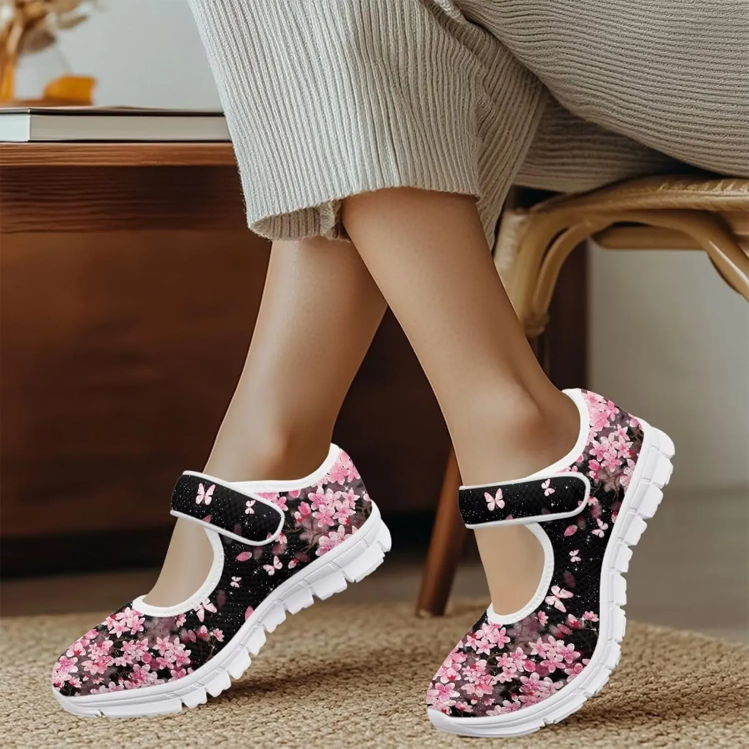 GOSTONG Women's Art Flowers Casual Shoes Single Buckle Sneakers Lightweight Non Slip Walking Shoes for Daily Wear White Size 5.5-10