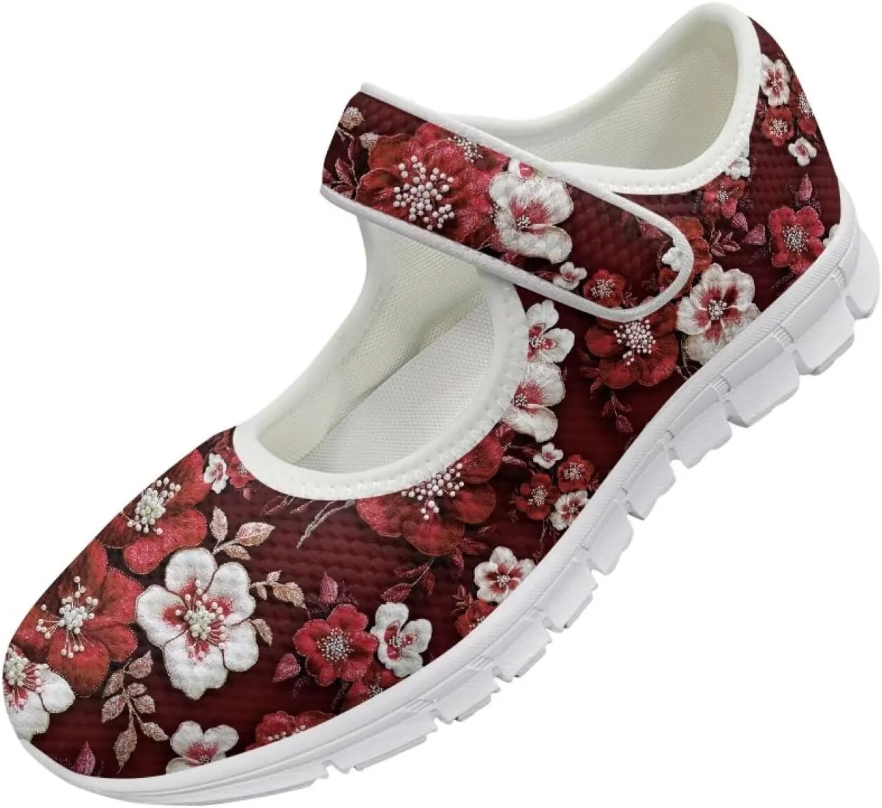 GOSTONG Women's Art Flowers Casual Shoes Single Buckle Sneakers Lightweight Non Slip Walking Shoes for Daily Wear White Size 5.5-10