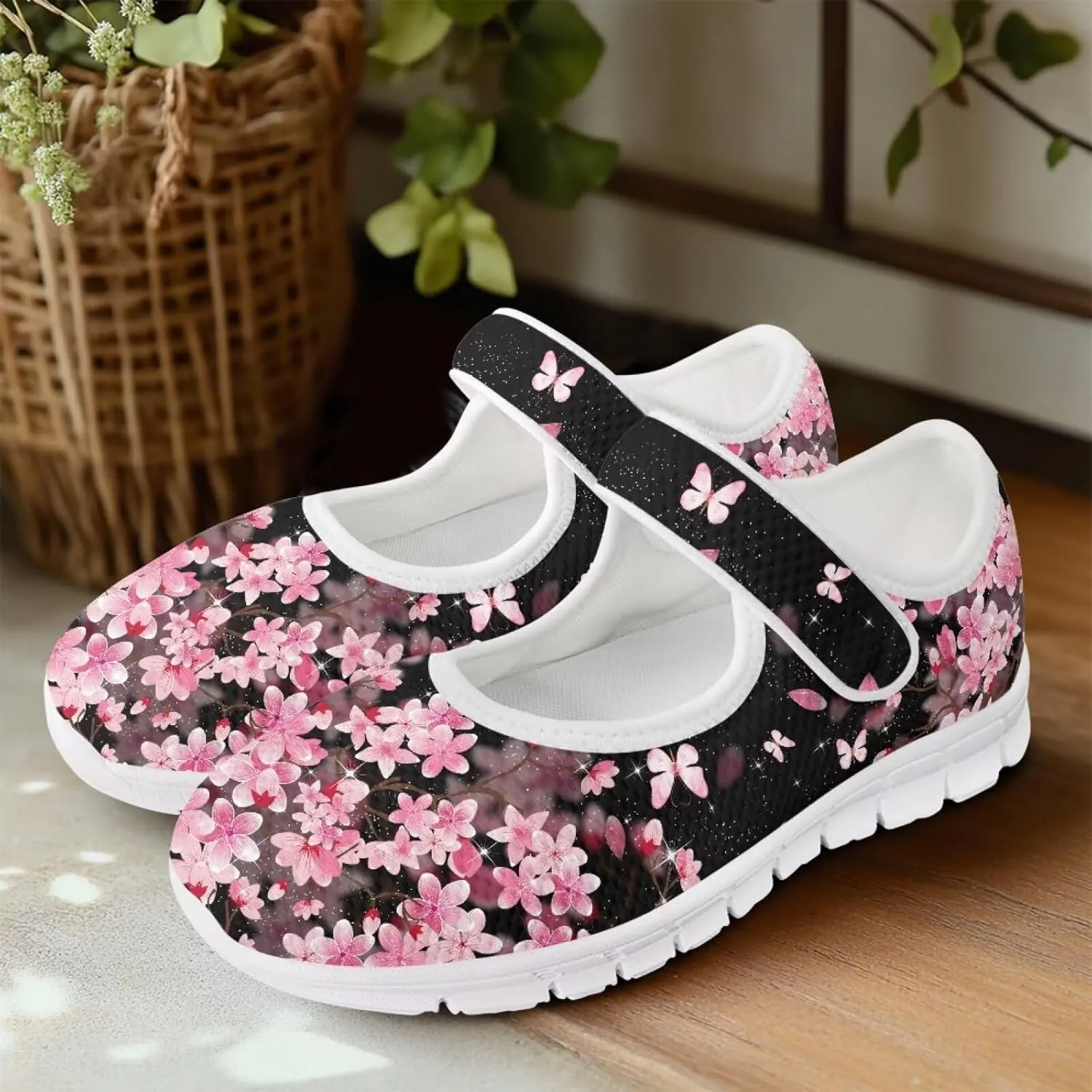 GOSTONG Women's Art Flowers Casual Shoes Single Buckle Sneakers Lightweight Non Slip Walking Shoes for Daily Wear White Size 5.5-10