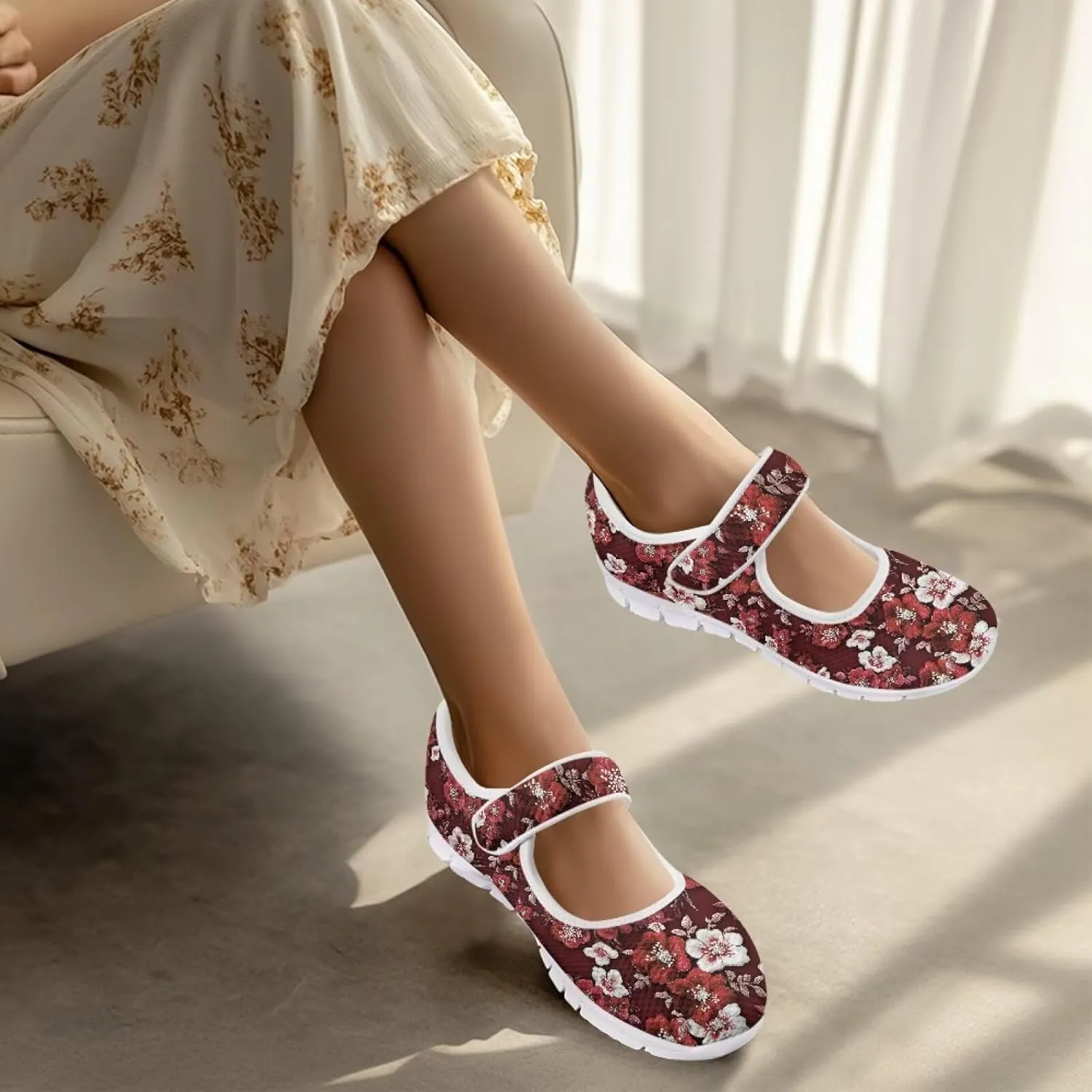 GOSTONG Women's Art Flowers Casual Shoes Single Buckle Sneakers Lightweight Non Slip Walking Shoes for Daily Wear White Size 5.5-10