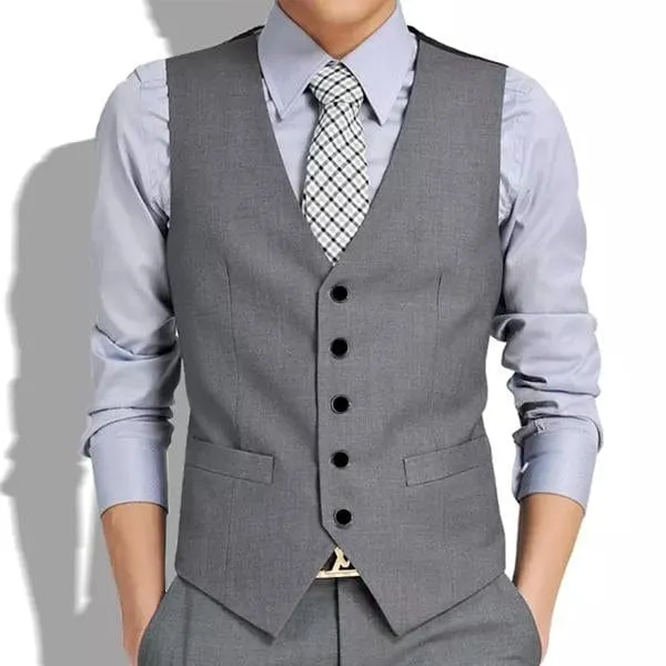 Grey Men's V-Neck Single Breasted Suit Vest