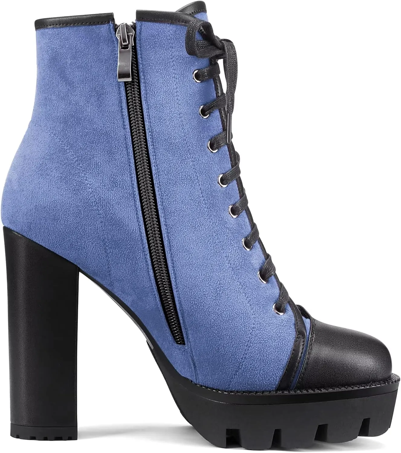 HDEUOLM Women High Chunky Block Platform Heel Round Toe Lace-up Zipper Ankle Boots Short Bootie Shoes