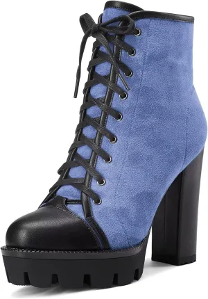 HDEUOLM Women High Chunky Block Platform Heel Round Toe Lace-up Zipper Ankle Boots Short Bootie Shoes