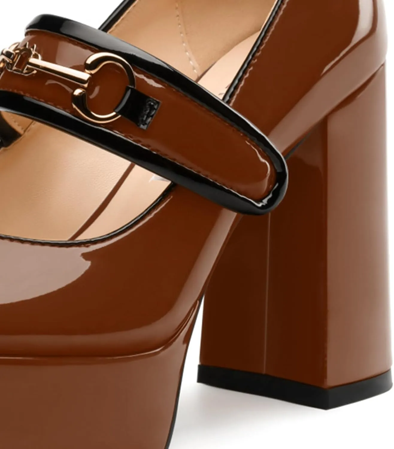 High Heels Pumps Square Toe Women's Shoes Patent Leather Thick Sole Thick Heel Hook-and-Loop Straps Height 10 Cm