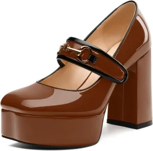 High Heels Pumps Square Toe Women's Shoes Patent Leather Thick Sole Thick Heel Hook-and-Loop Straps Height 10 Cm