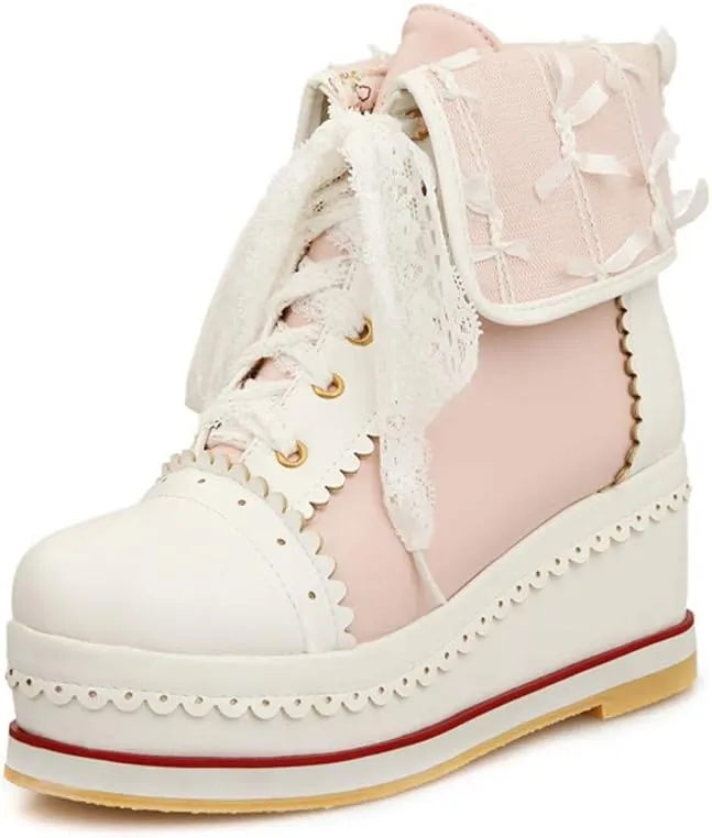 HILIB Women's Cute Lolita Boots Cosplay Brogue Wedge Boots