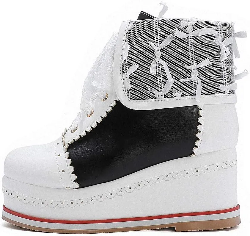 HILIB Women's Cute Lolita Boots Cosplay Brogue Wedge Boots