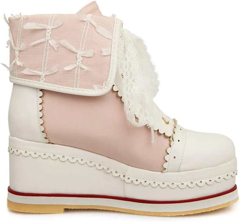 HILIB Women's Cute Lolita Boots Cosplay Brogue Wedge Boots