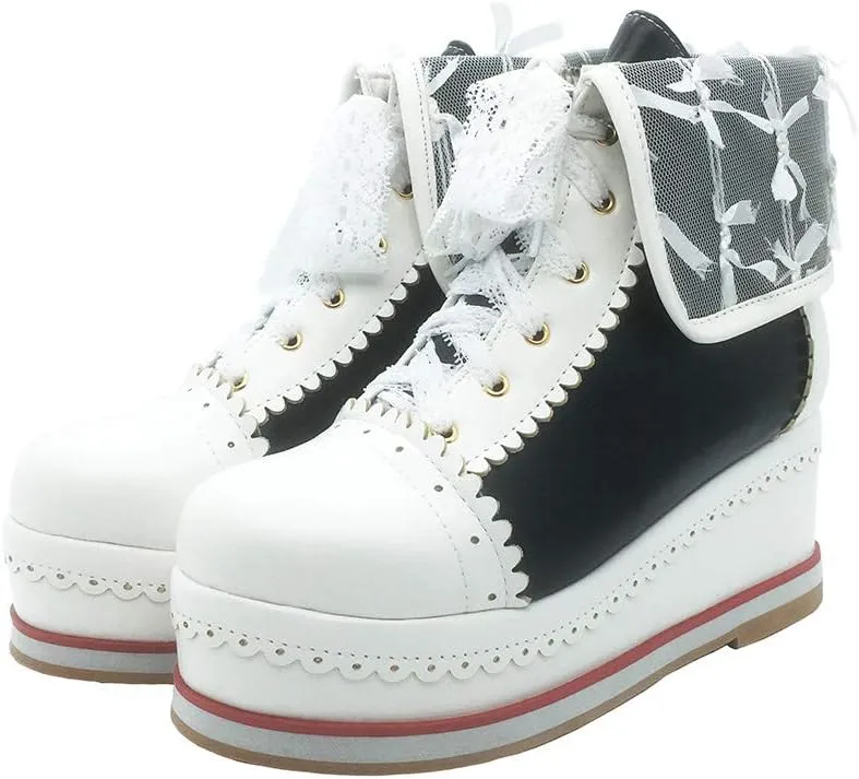 HILIB Women's Cute Lolita Boots Cosplay Brogue Wedge Boots