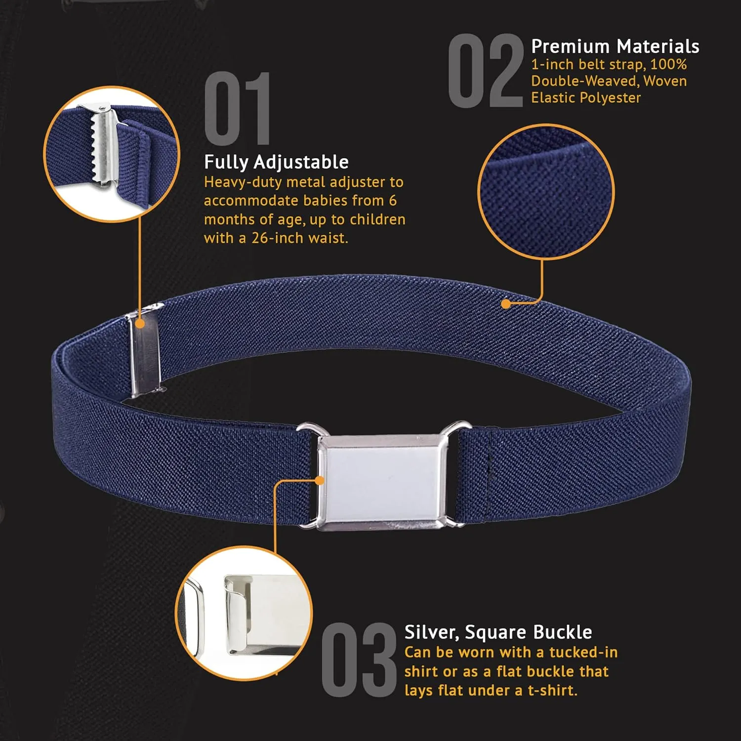 HOLD’EM children’s Elastic silver Buckle Belts for Boys girls Toddler Size 2t 3t 4t 5t