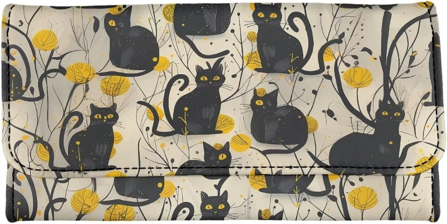 Howilath Black Cat Print Women Wallet Purse Ladies Credit Card Holder, Leather Trifold Credit Card Holder Organizer with Coins Zipper Pocket