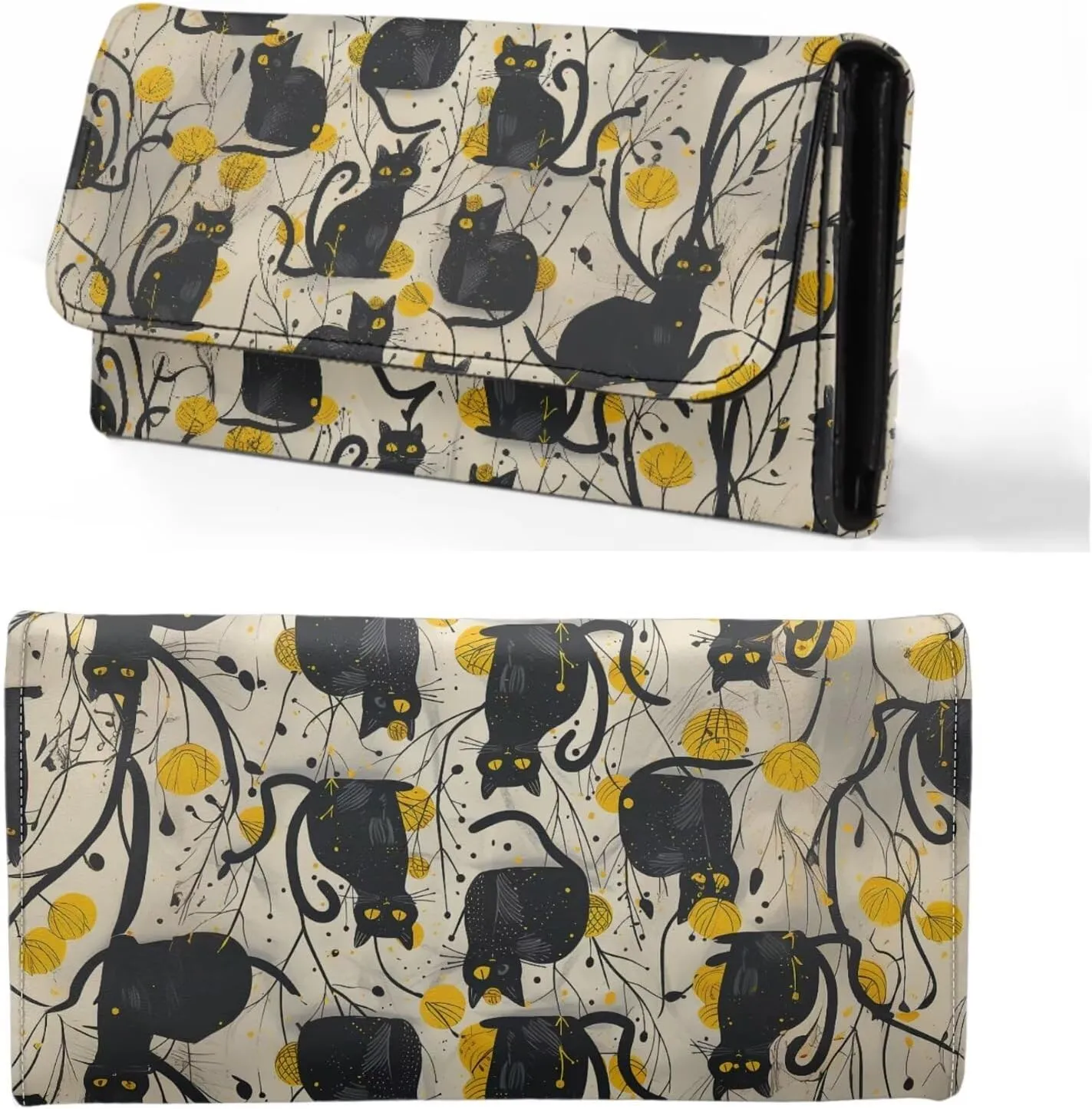 Howilath Black Cat Print Women Wallet Purse Ladies Credit Card Holder, Leather Trifold Credit Card Holder Organizer with Coins Zipper Pocket
