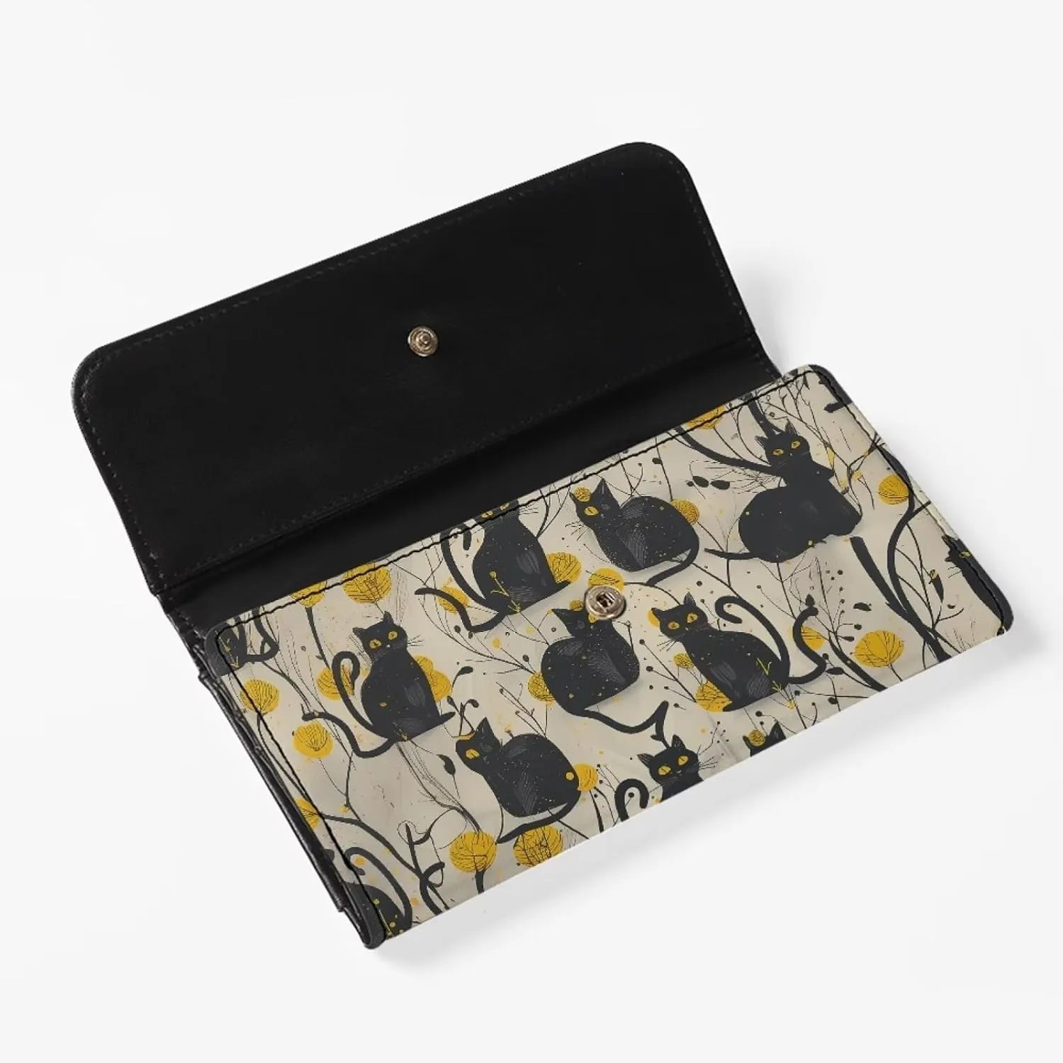 Howilath Black Cat Print Women Wallet Purse Ladies Credit Card Holder, Leather Trifold Credit Card Holder Organizer with Coins Zipper Pocket