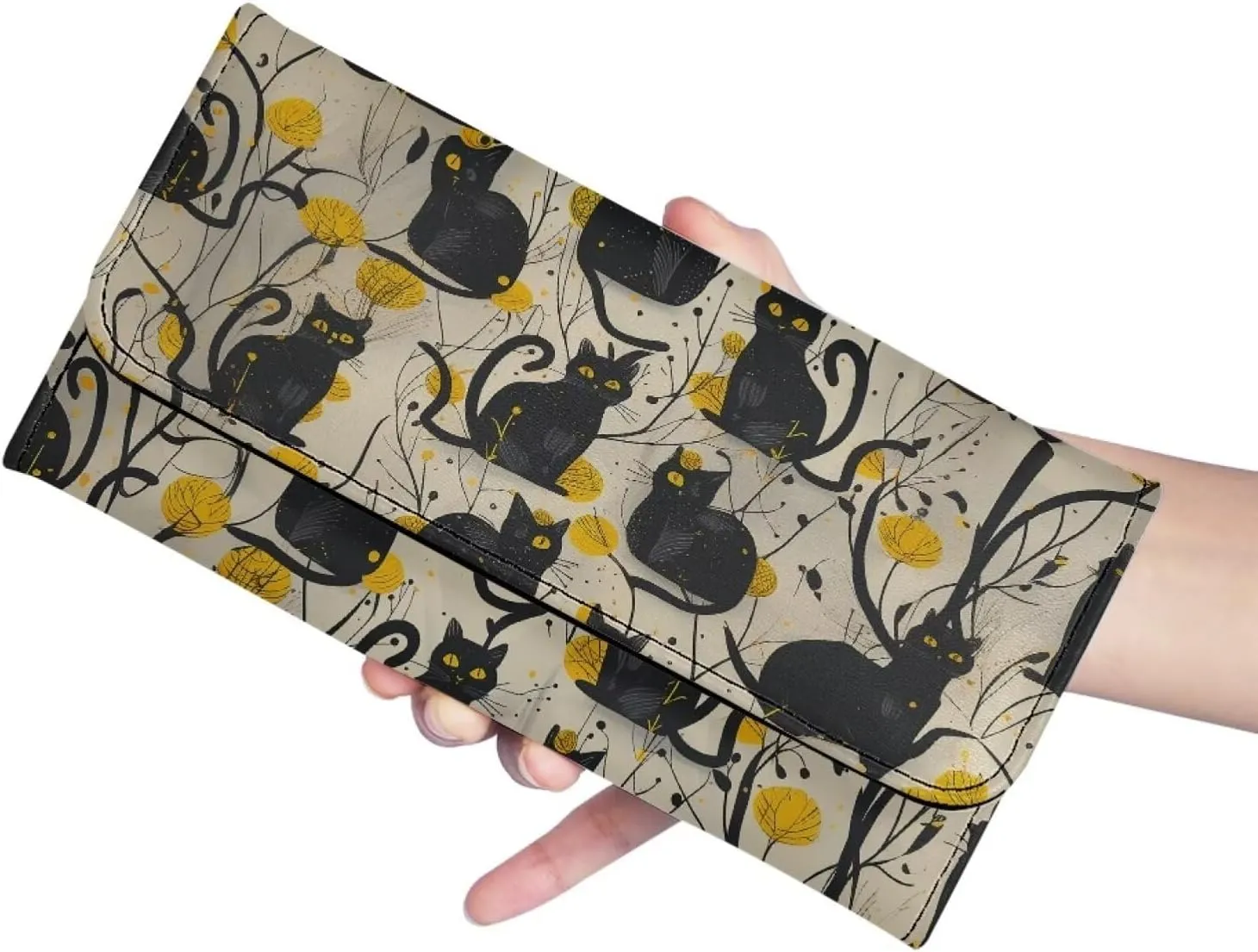 Howilath Black Cat Print Women Wallet Purse Ladies Credit Card Holder, Leather Trifold Credit Card Holder Organizer with Coins Zipper Pocket
