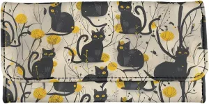 Howilath Black Cat Print Women Wallet Purse Ladies Credit Card Holder, Leather Trifold Credit Card Holder Organizer with Coins Zipper Pocket