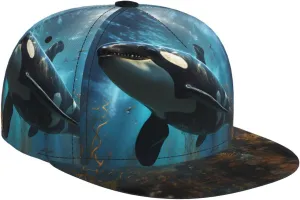 Huge Killer Whales Outdoor Sports Baseball Cap, Daily Sports Adjustable Fashionable Flat Brim hat, Unisex Four-Season Outdoor Sports Cap, Black