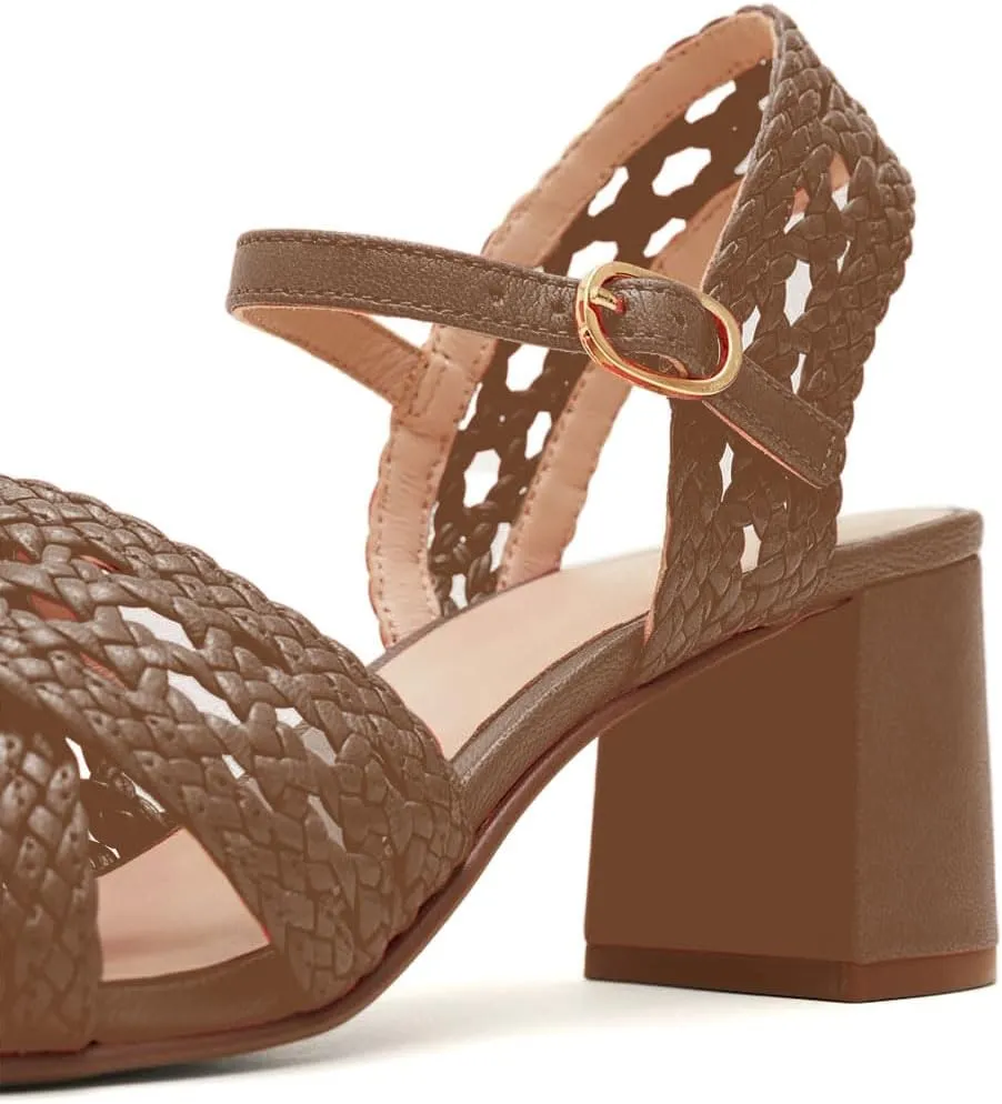 iadore Women's Round Toe Braided Heeled Sandals Ankle Strap Chunky Block Heel Sandals Open Toe Fashion Dress High Heels