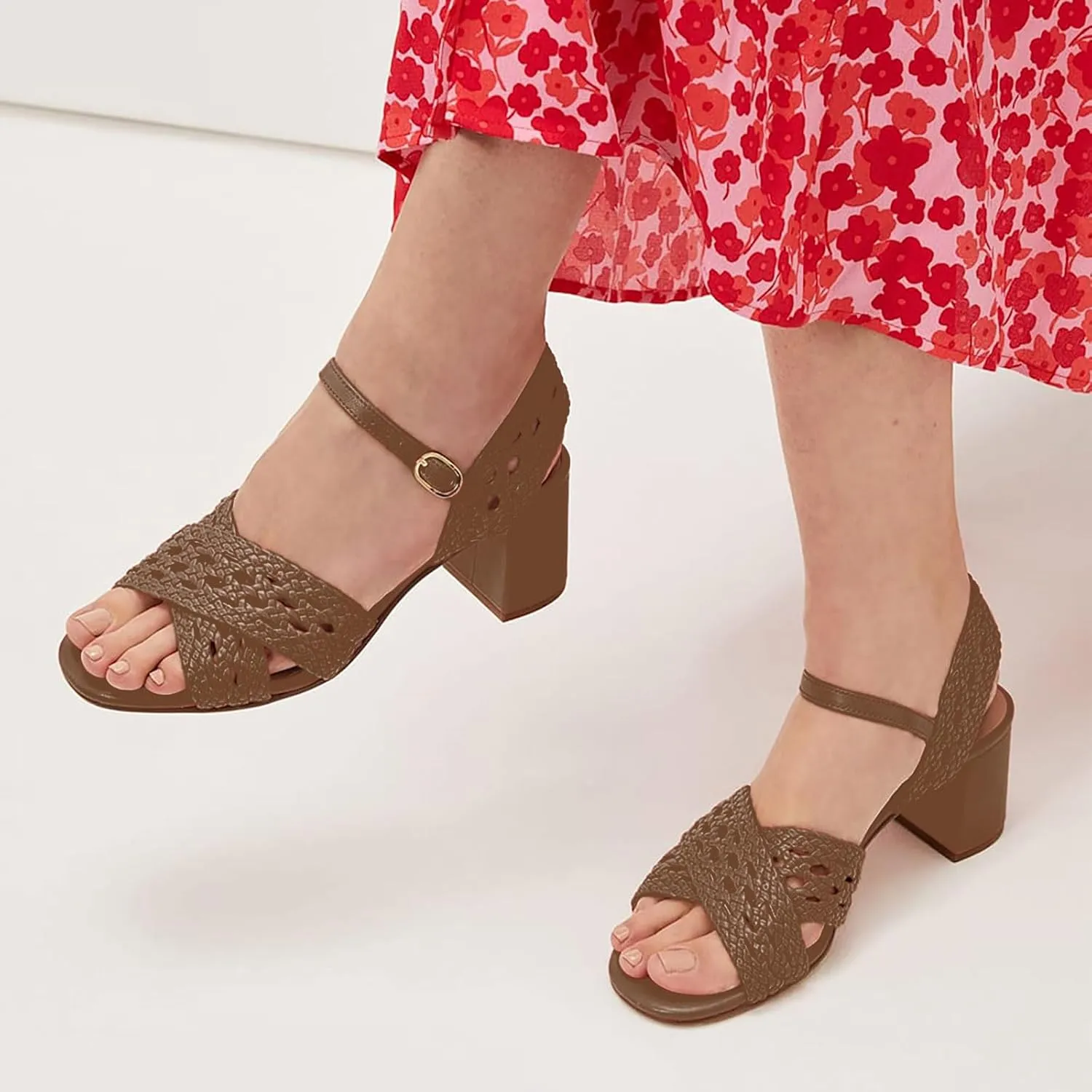 iadore Women's Round Toe Braided Heeled Sandals Ankle Strap Chunky Block Heel Sandals Open Toe Fashion Dress High Heels