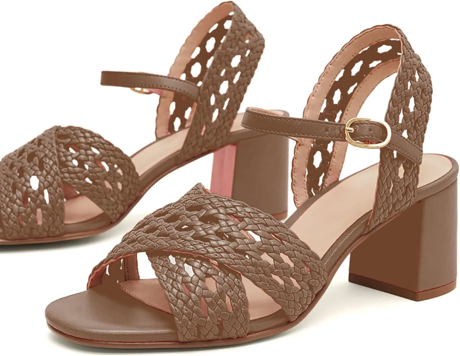iadore Women's Round Toe Braided Heeled Sandals Ankle Strap Chunky Block Heel Sandals Open Toe Fashion Dress High Heels