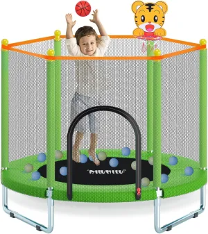 Indoor Outdoor Trampoline for Kids,MILUMILU Toddler Trampoline with Safety Enclosure Net,Mini Baby Trampoline with Basketball Hoop,Trampoline Jumping Mat Birthday Gifts for Children Boy Girl.