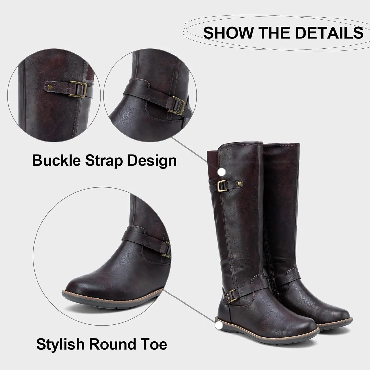 Jeossy Women's 9655 Knee High Boots Flat Riding Boots Buckle Tall Boots with Zipper for Women