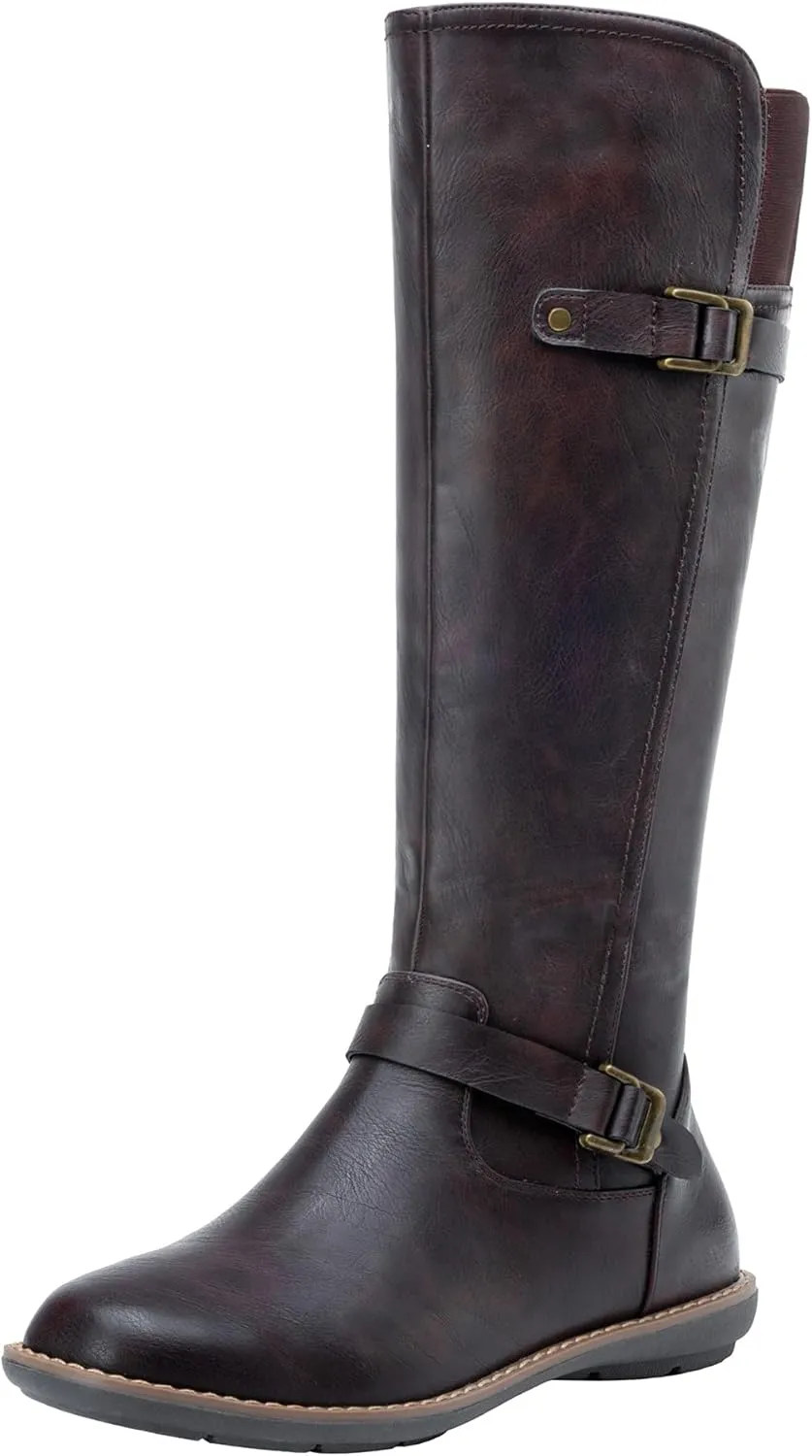 Jeossy Women's 9655 Knee High Boots Flat Riding Boots Buckle Tall Boots with Zipper for Women