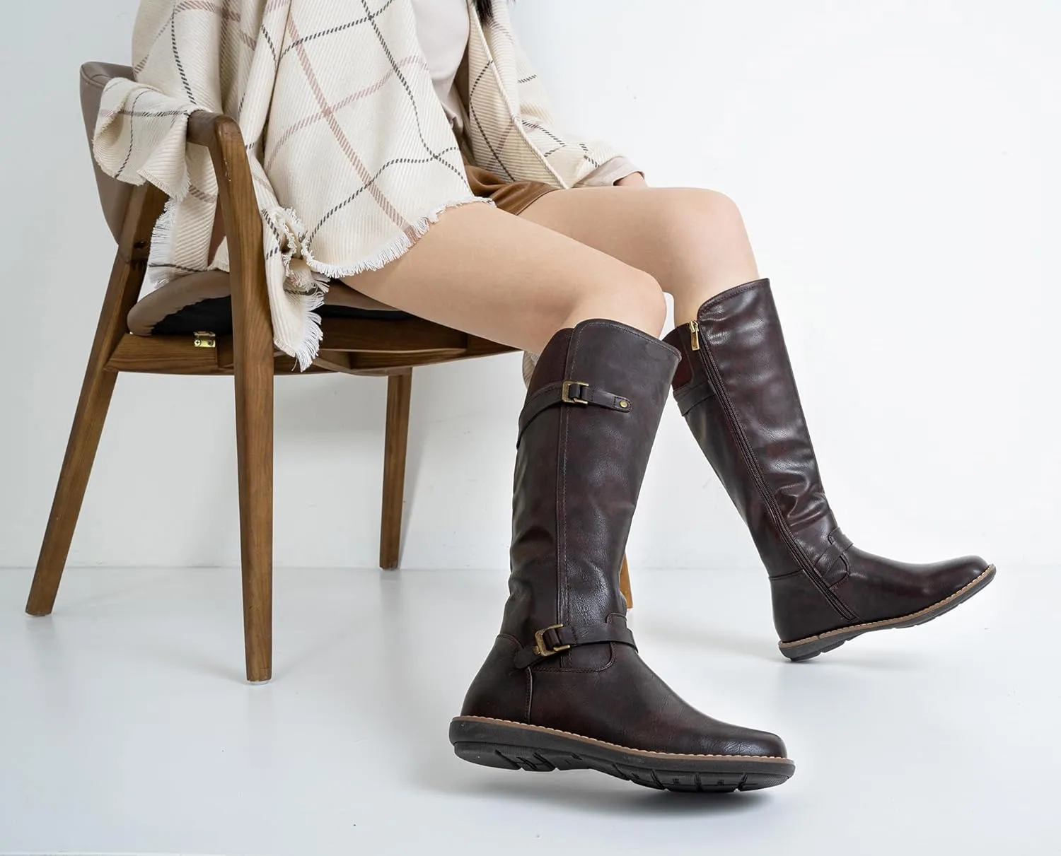 Jeossy Women's 9655 Knee High Boots Flat Riding Boots Buckle Tall Boots with Zipper for Women