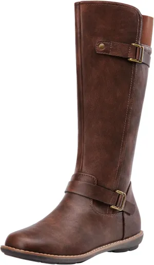 Jeossy Women's 9655 Knee High Boots Flat Riding Tall Boots with Buckle and Side Zipper