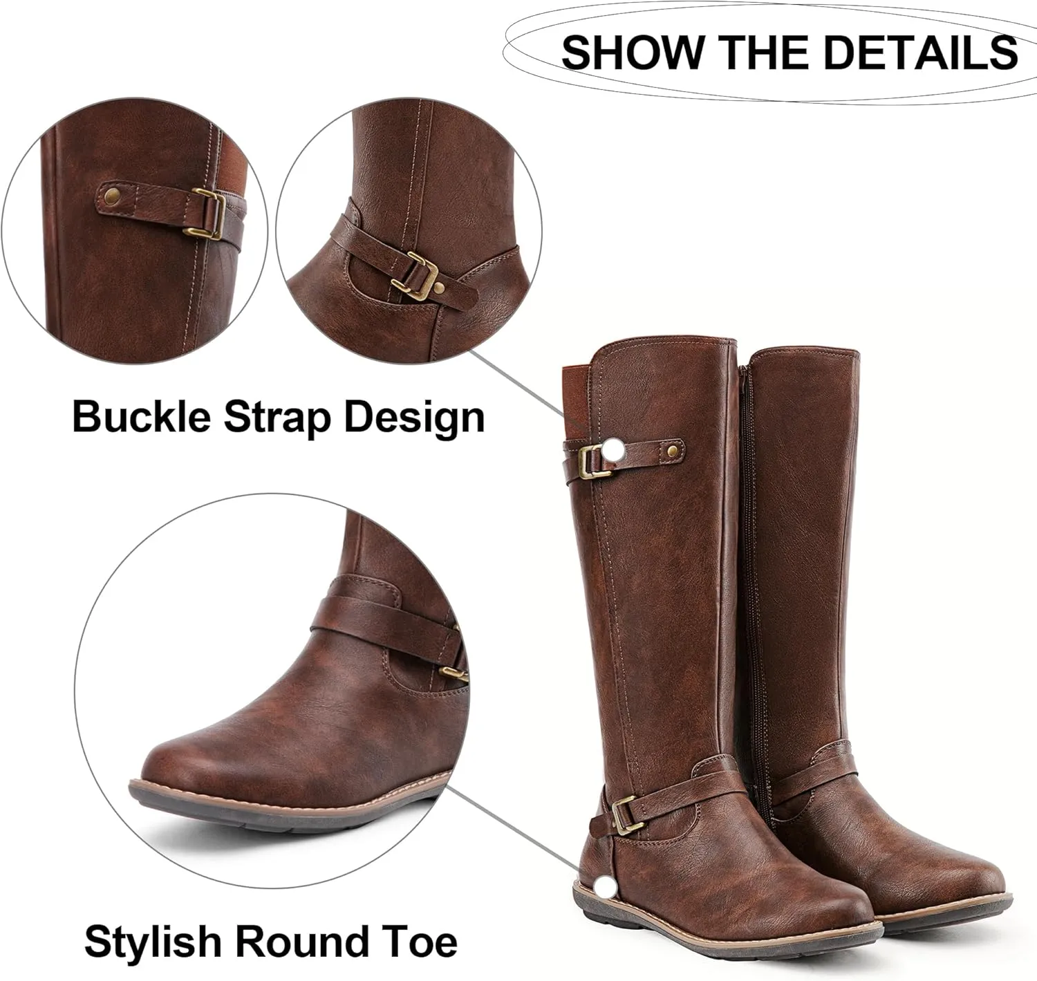 Jeossy Women's 9655 Knee High Boots Flat Riding Tall Boots with Buckle and Side Zipper