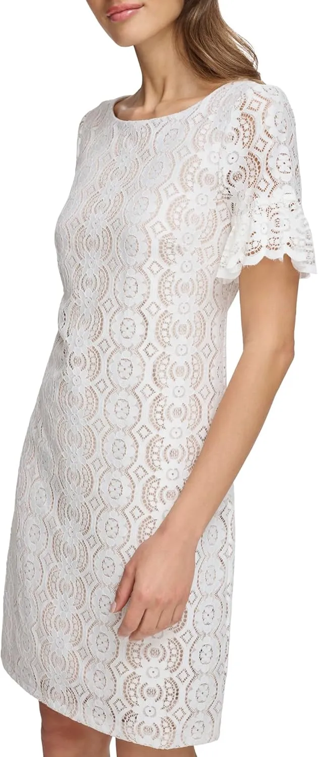 Jessica Howard Women's Short Sleeve Boat Neck Lace Shift Mini Dress