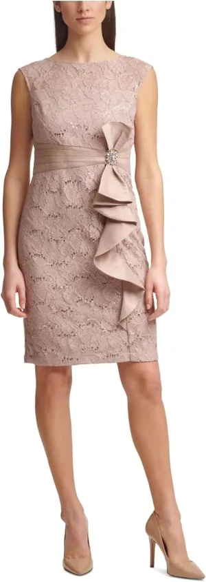 Jessica Howard Women's Sleeveless High Neck Lace Sheath Mini Dress with Cascade Bow