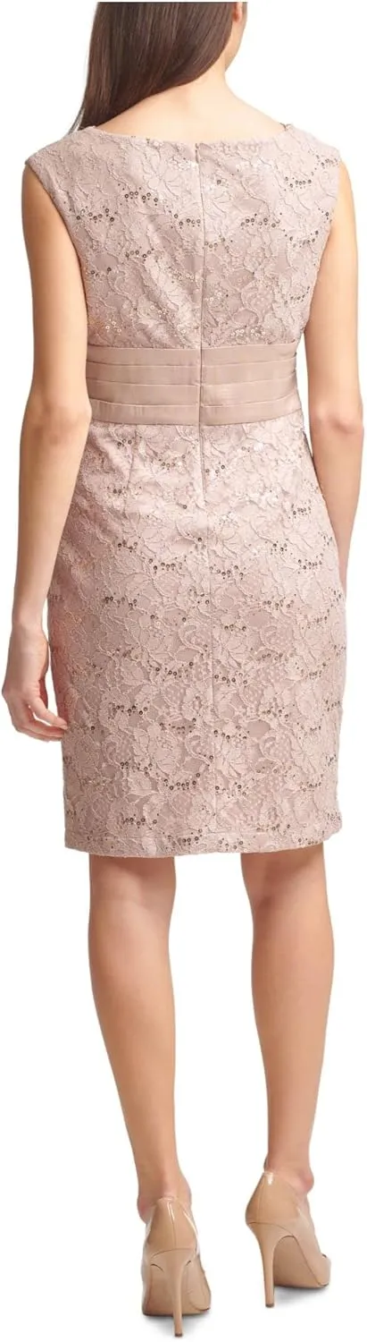 Jessica Howard Women's Sleeveless High Neck Lace Sheath Mini Dress with Cascade Bow