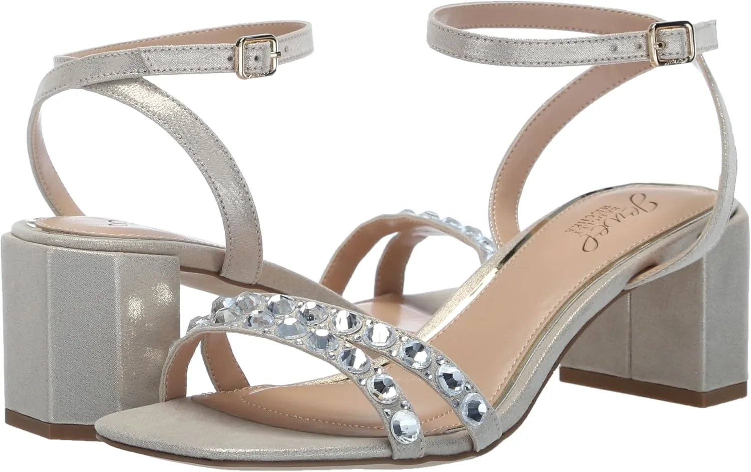 Jewel Badgley Mischka Honor Block Heels with Gemstone-Studded Straps